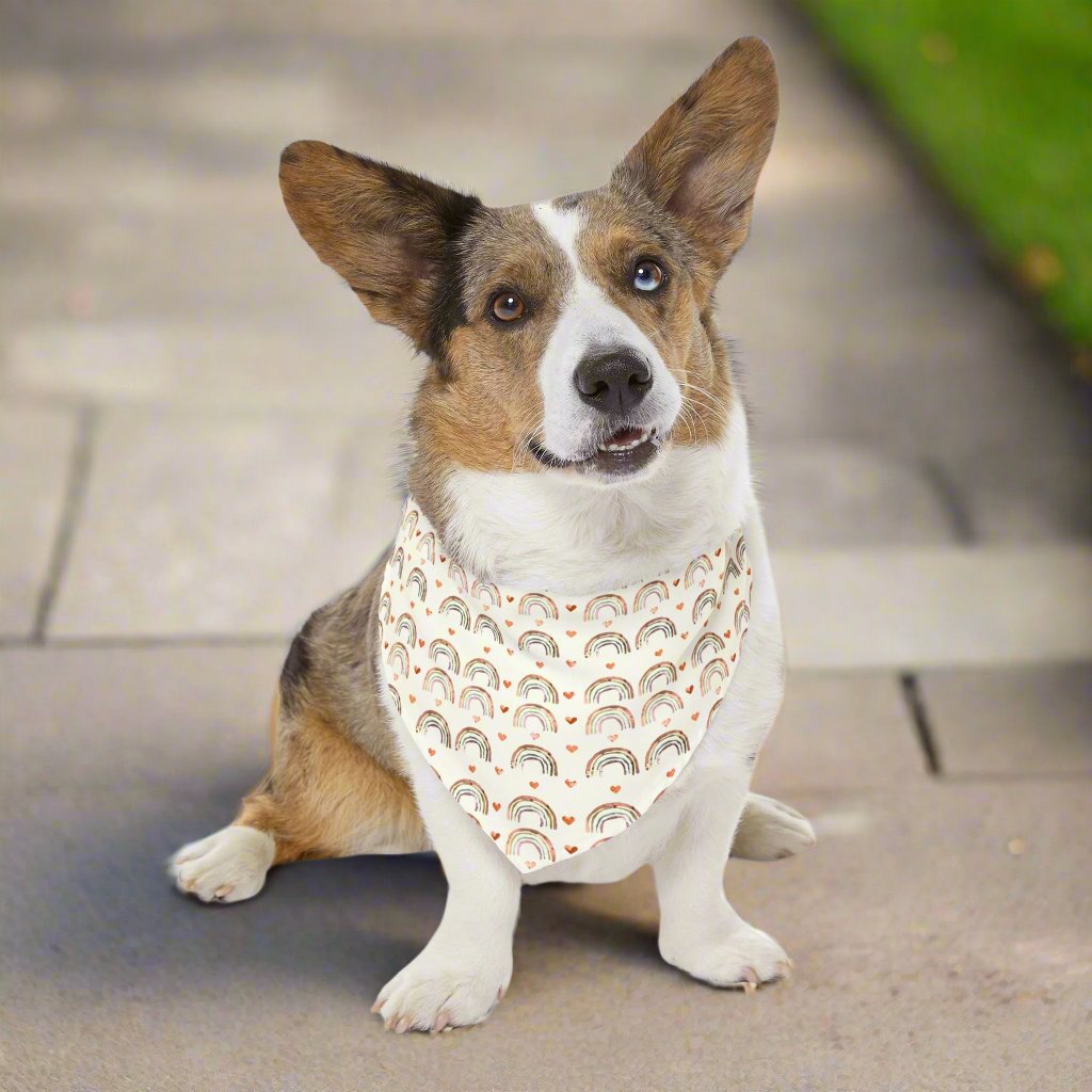 Pet Bandana Collar, Watercolor of Rainbows and Hearts, Cream Background XL context