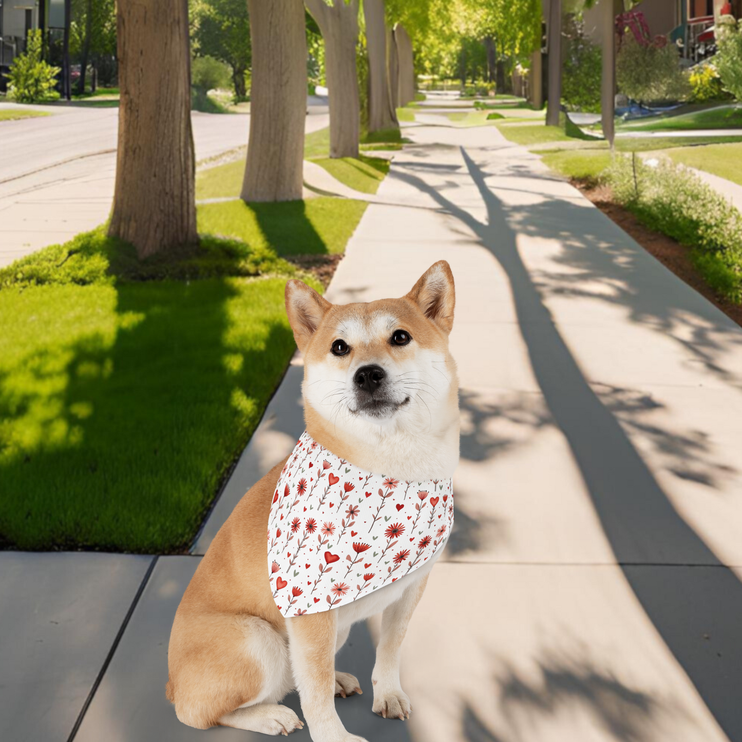 Pet Bandana with Hearts and Flowers on a White Background Large Context