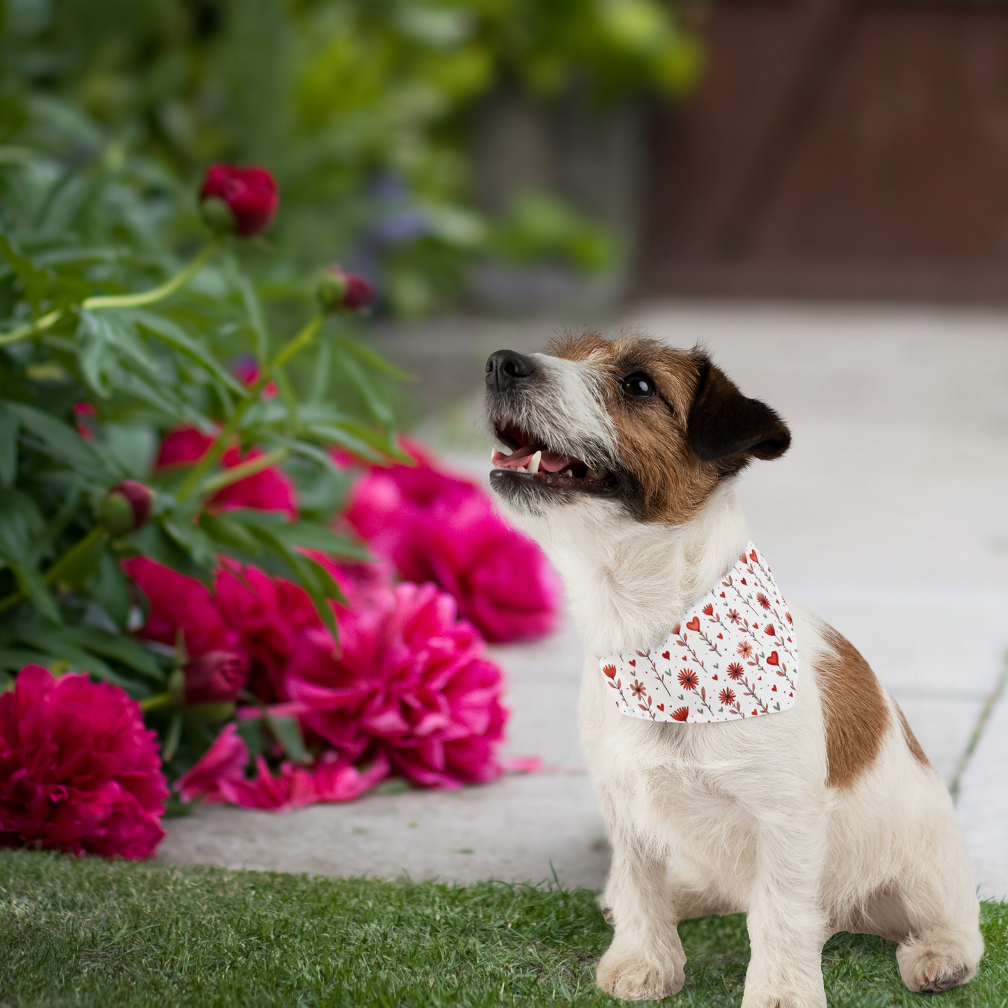 Pet Bandana with Hearts and Flowers on a White Background small Context