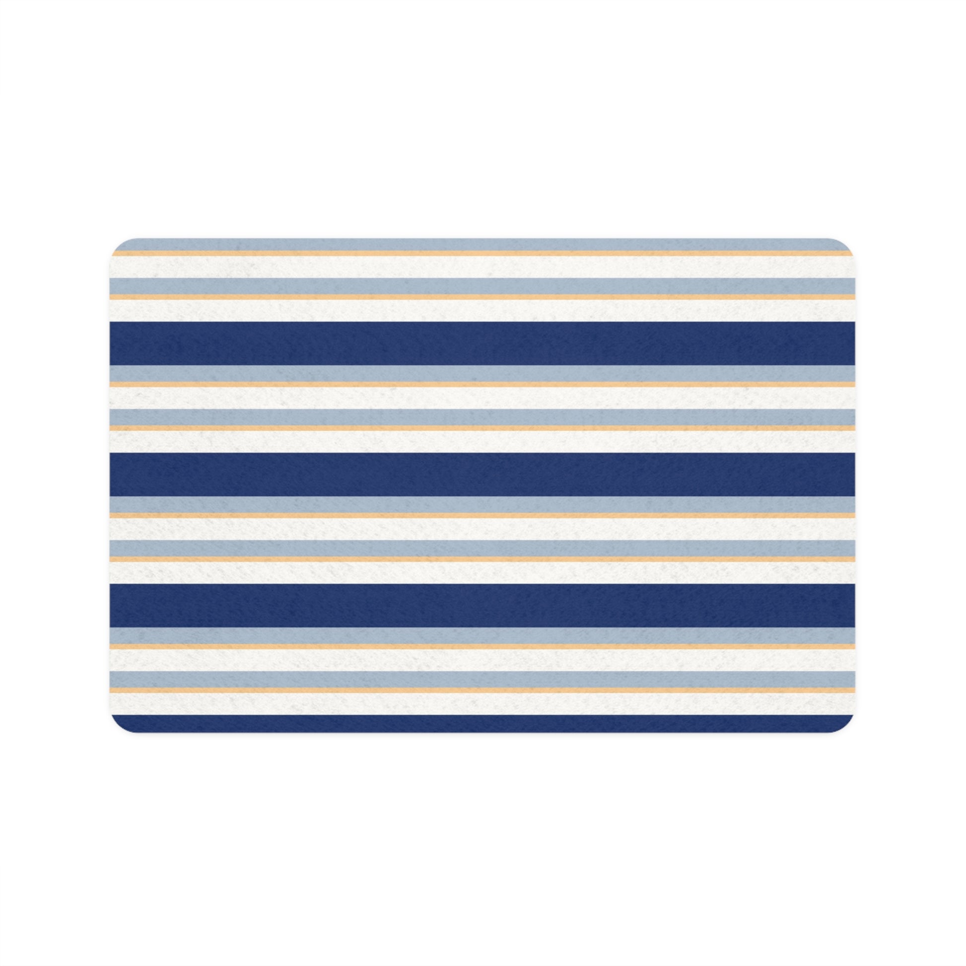 Pet feeding mat with blue, navy and gold horizontal stripes.