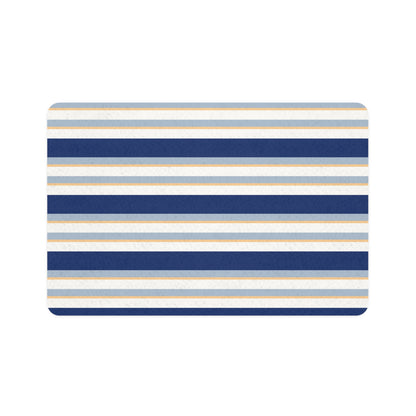 Pet feeding mat with blue, navy and gold horizontal stripes.