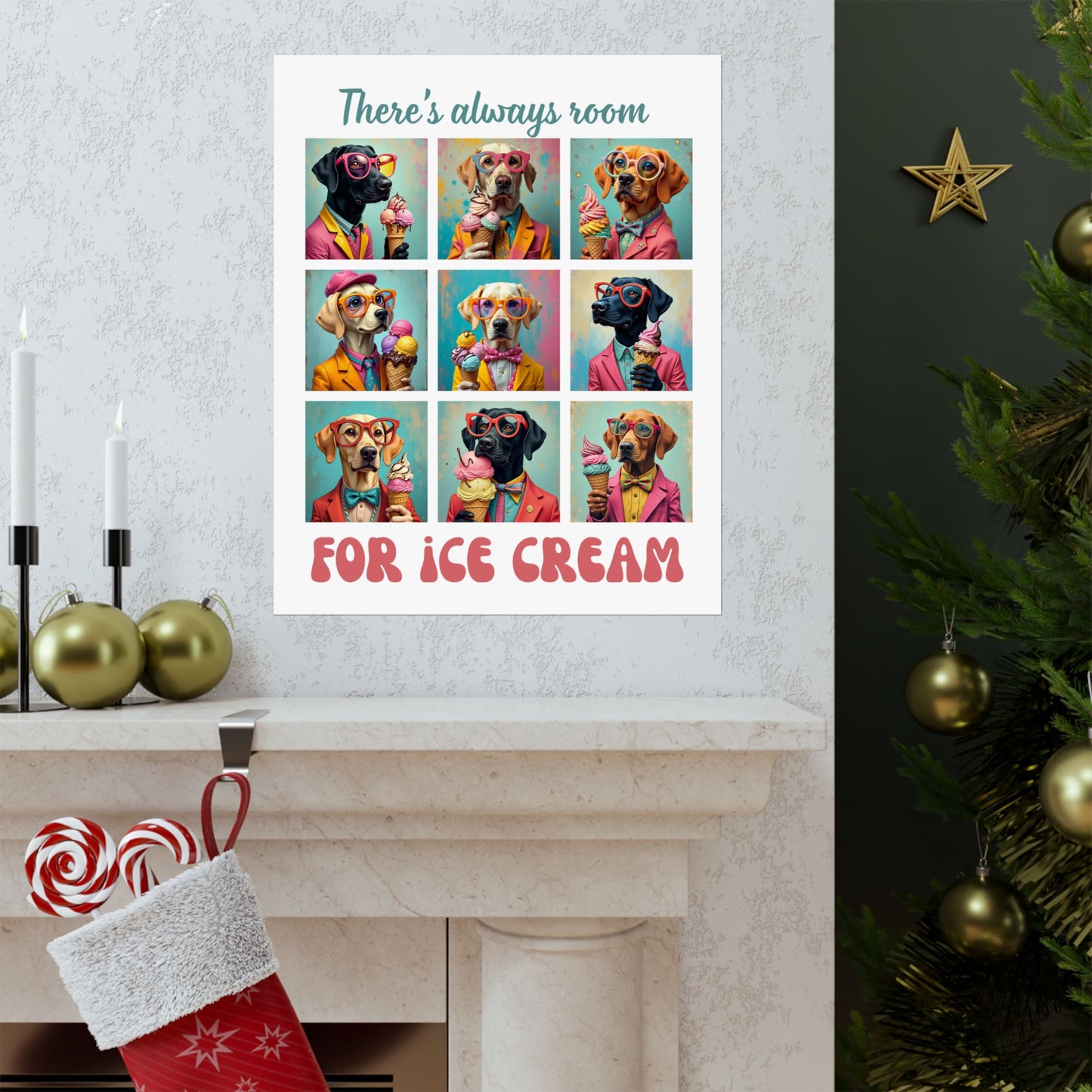 Poster with dog illustrations and ice cream on a wall next to a Christmas tree.