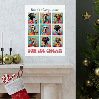Poster with dog illustrations and ice cream on a wall next to a Christmas tree.