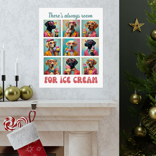 Poster with dog illustrations and ice cream on a wall next to a Christmas tree.