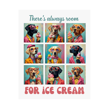 Collage of dogs with ice cream cones and colorful outfits on a white background.