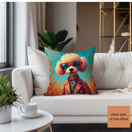 Poodle Puppy Wearing Sunglasses Square Accent Pillow, Creamy Coral