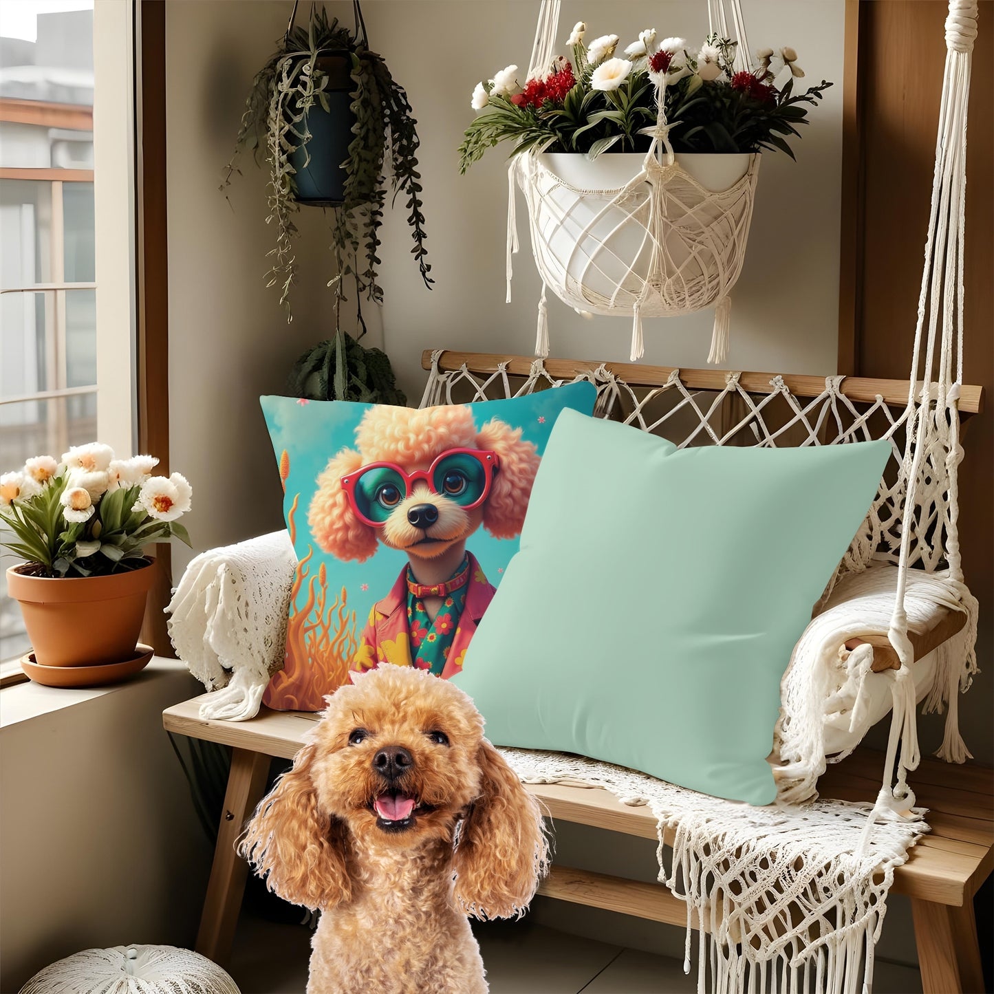 Poodle dog sitting on a bench with decorative pillows and plants in a cozy room.