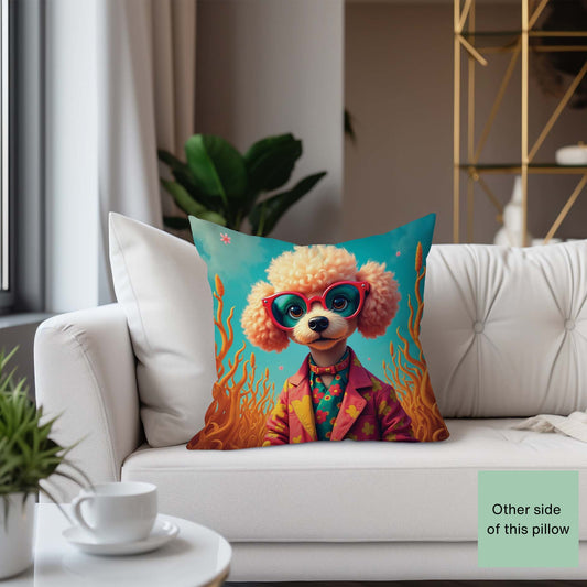 Decorative throw pillow with a poodle dog wearing sunglasses and a coat on a white couch.