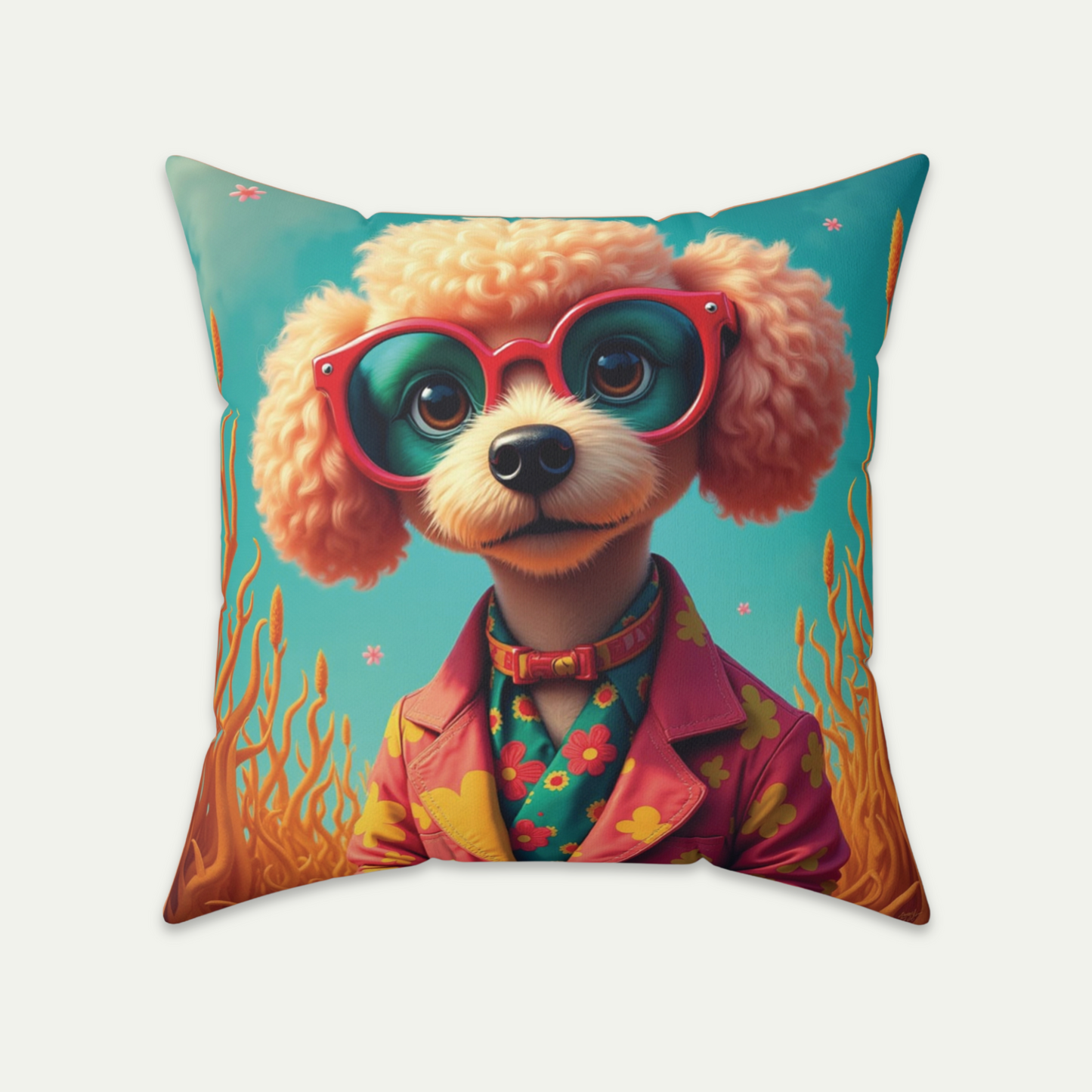 Poodle Puppy Wearing Sunglasses, Square Accent Pillow, Creamy Coral 20 inch Front