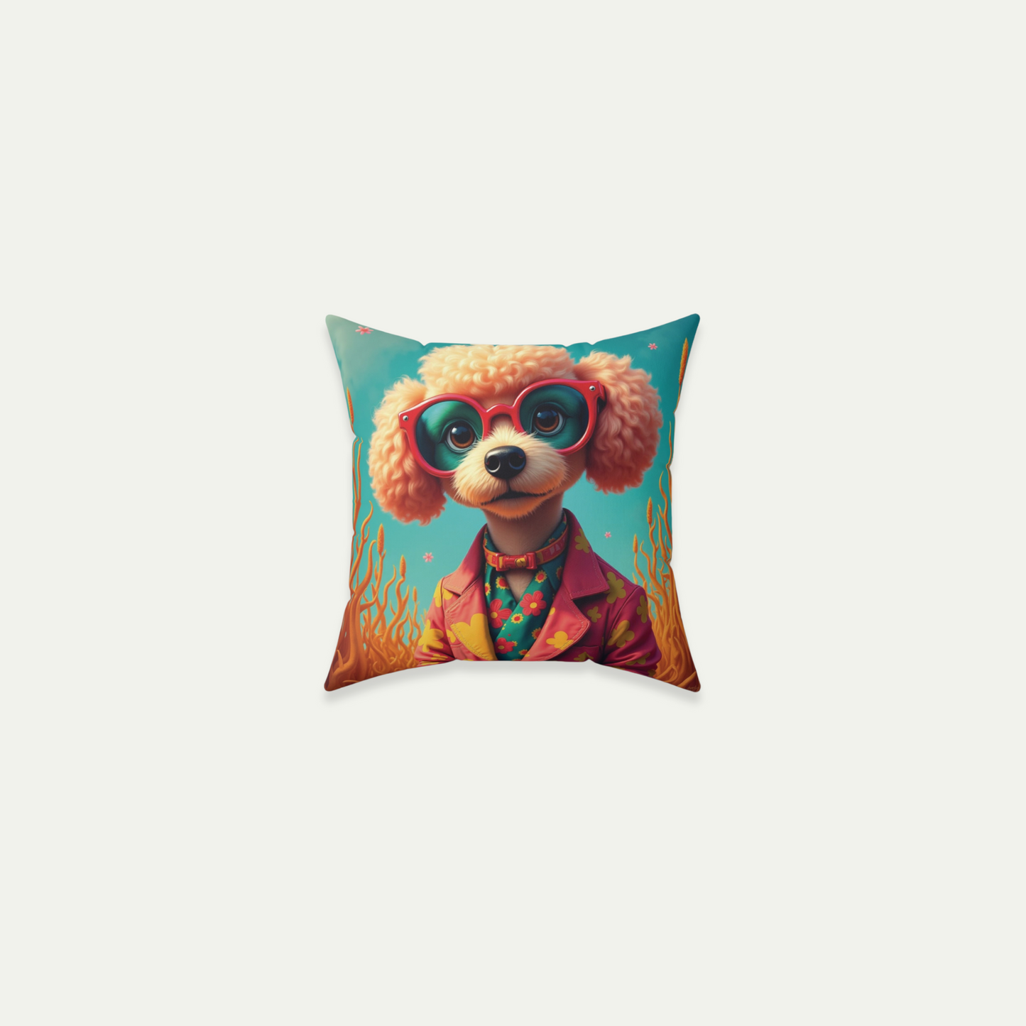 Poodle Puppy Wearing Sunglasses, Square Accent Pillow, Soft Sea Green 14 inch Front