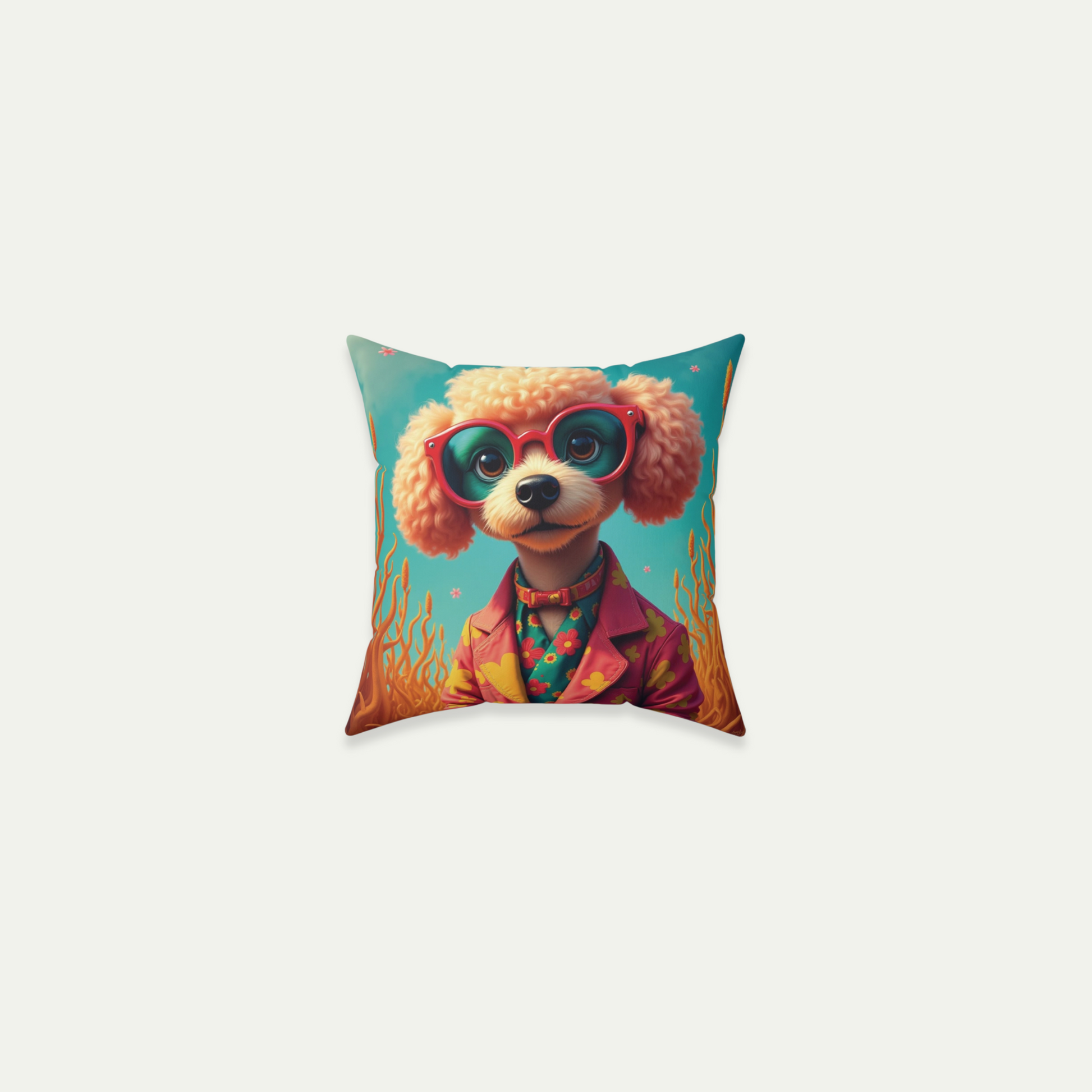 Poodle Puppy Wearing Sunglasses, Square Accent Pillow, Soft Sea Green 14 inch Front