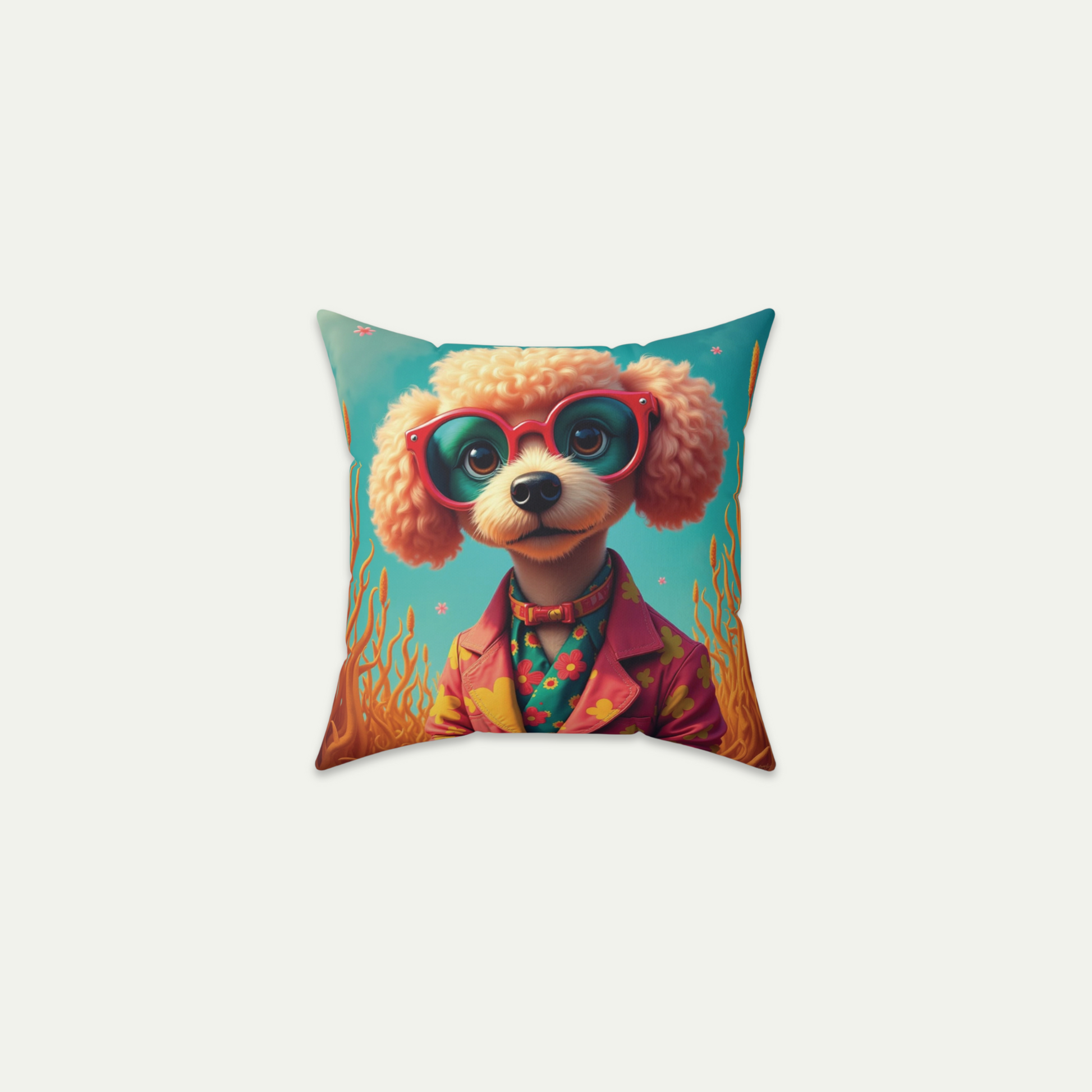 Poodle Puppy Wearing Sunglasses, Square Accent Pillow, Soft Sea Green 16 inch Front