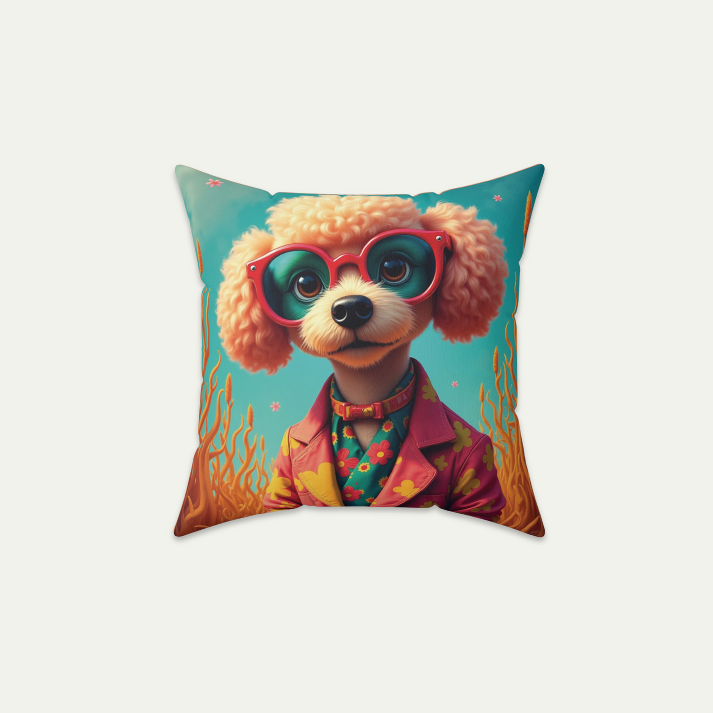 Poodle Puppy Wearing Sunglasses, Square Accent Pillow, Soft Sea Green 18 inch Front