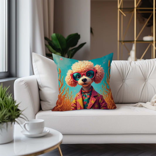 Poodle Puppy Wearing Sunglasses, Square Accent Pillow, Soft Sea Green context 20 inch