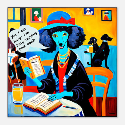 Colorful poster of a poodle in a Paris cafe with a sitting at a table, trying to read a book .