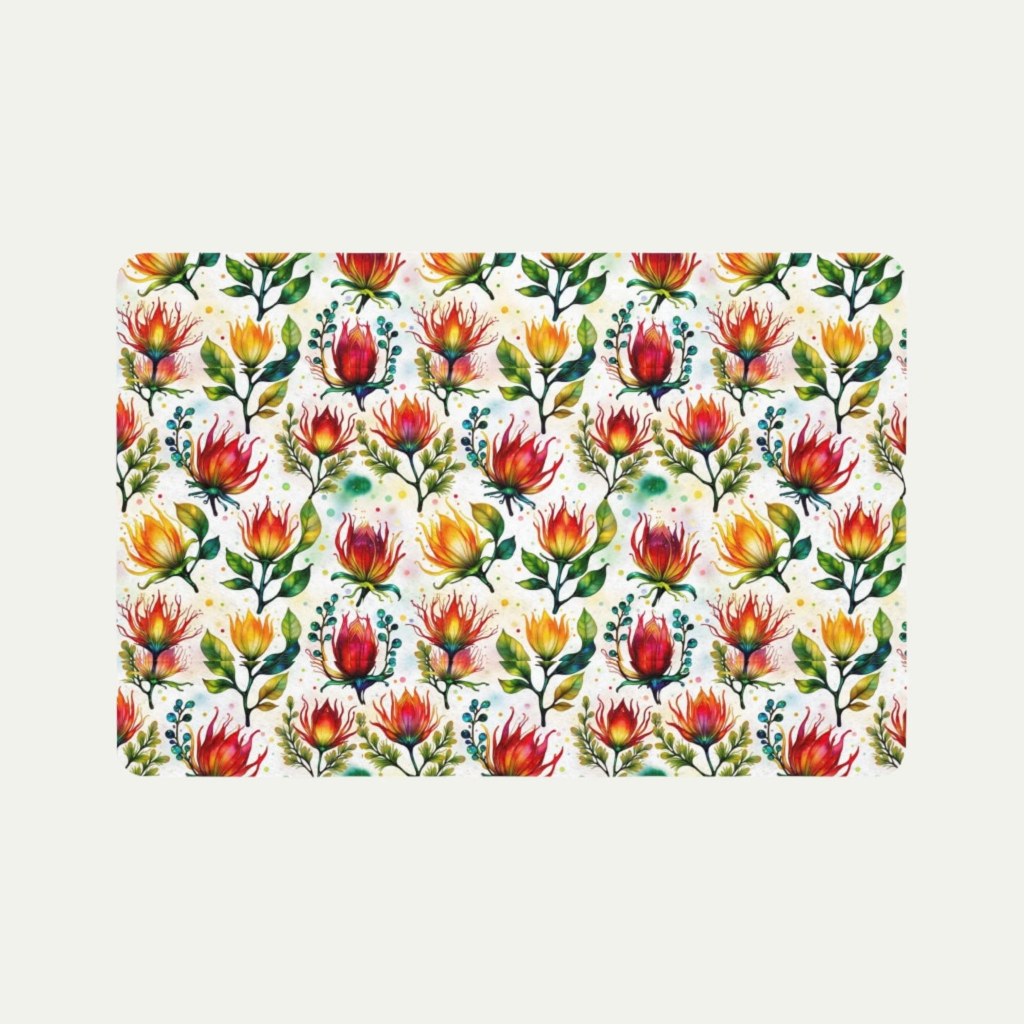 Red and Yellow  Floral Pet Food Mat (12x18) top
