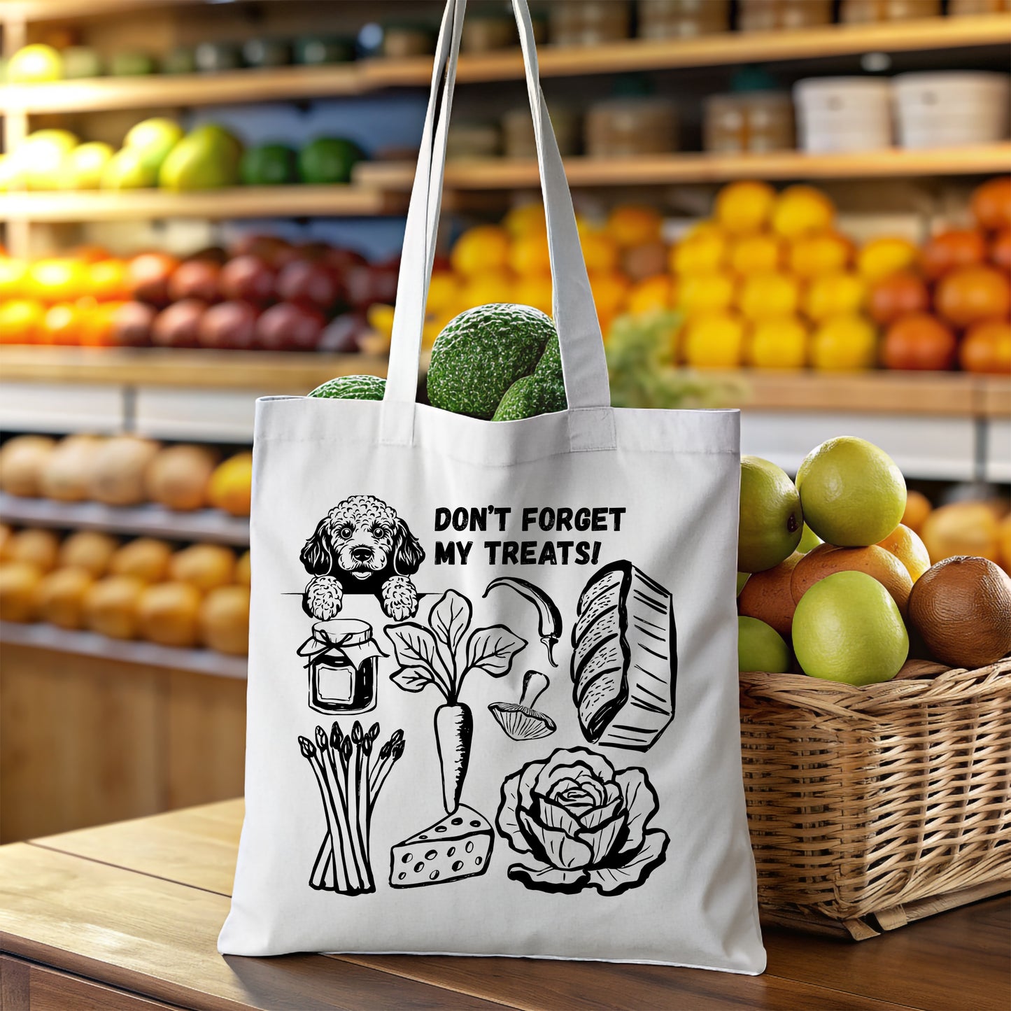 Eco Friendly white Shopping tote bag with black graphic of groceries and a Cavapoo and text in a grocery store setting