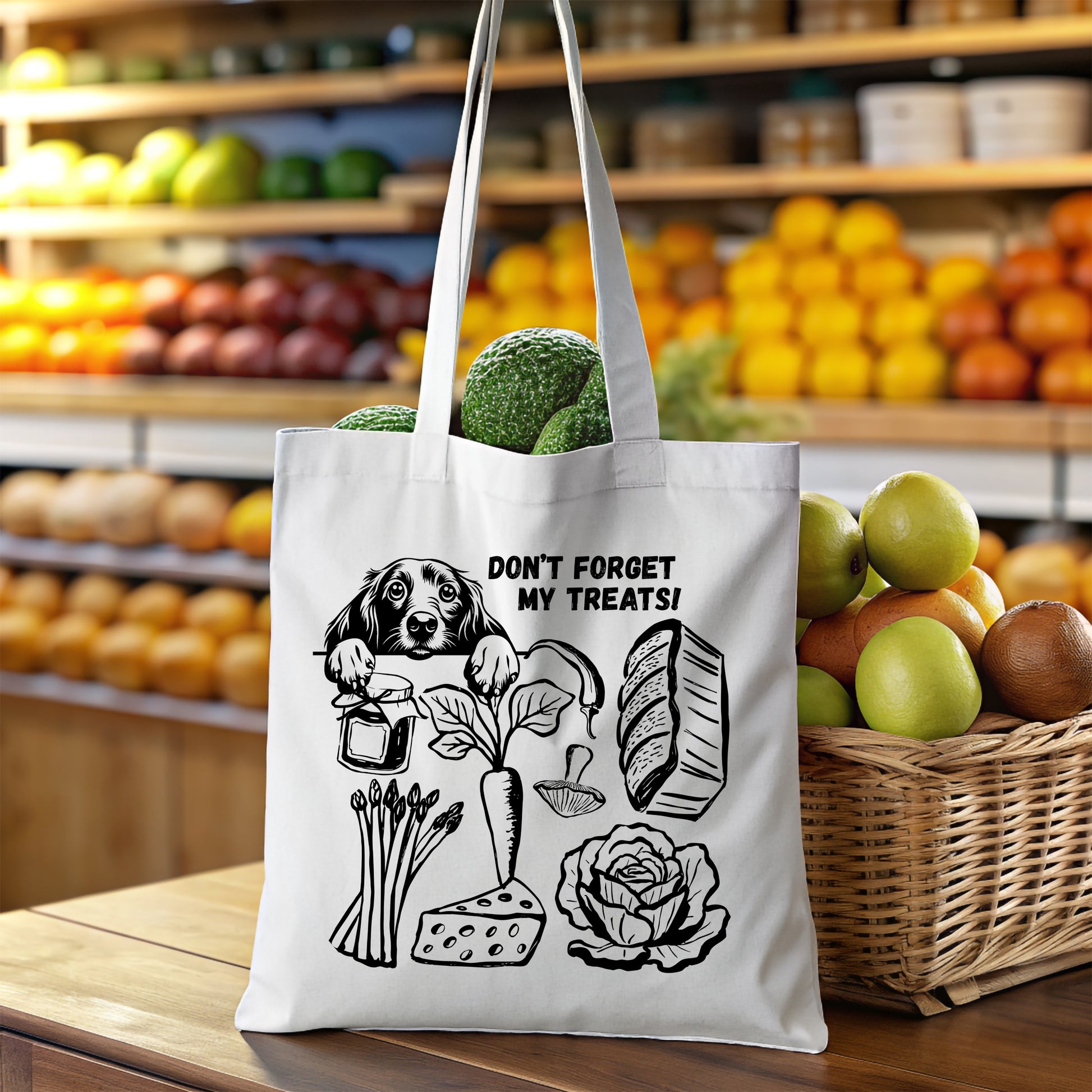 Canvas tote bag with a dog illustration and text in a grocery store setting