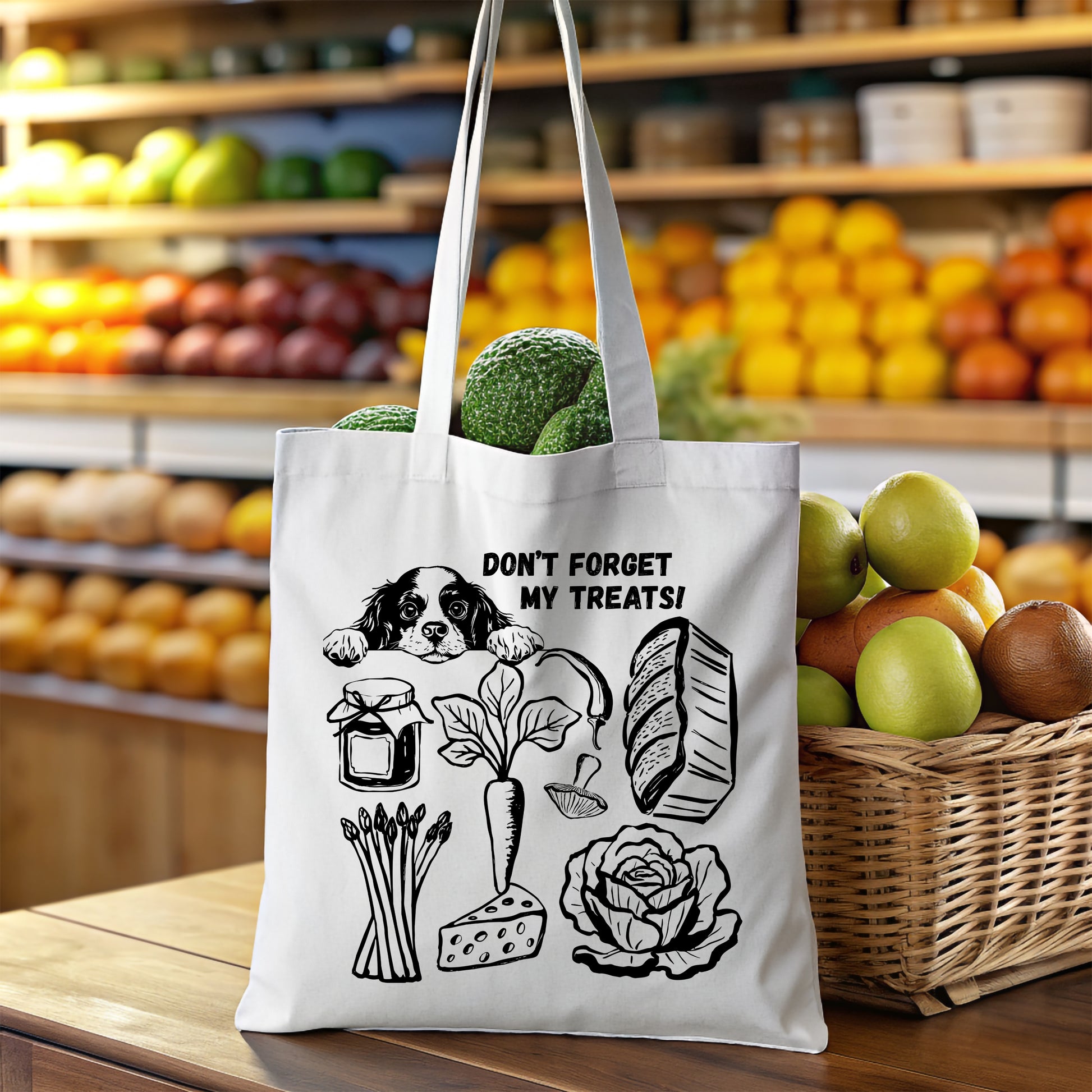 Eco Friendly White canvas reusable Tote bag with a dog illustration and text in a grocery store setting