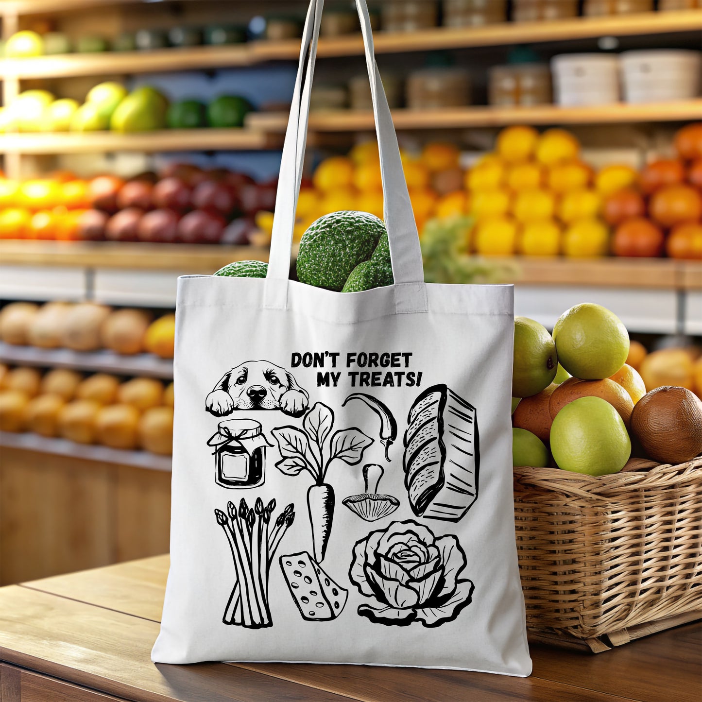 Tote bag with a graphic of a Labrador and groceries and text 'Don't forget my treats!' in a grocery store setting.