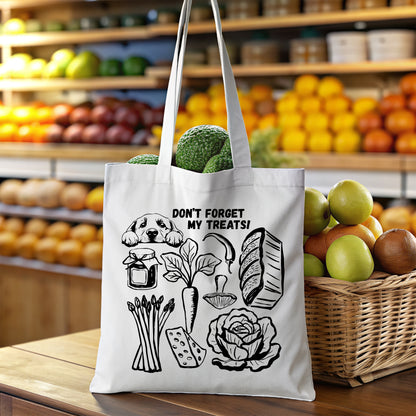 Tote bag with a graphic of a Labrador and groceries and text 'Don't forget my treats!' in a grocery store setting.