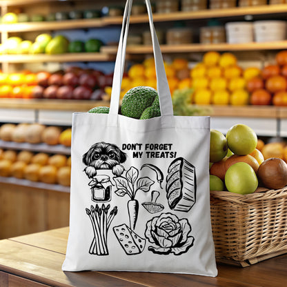 Canvas eco friendly shopping tote bag with Shih Tzu and groceries illustrations and text in a grocery store setting