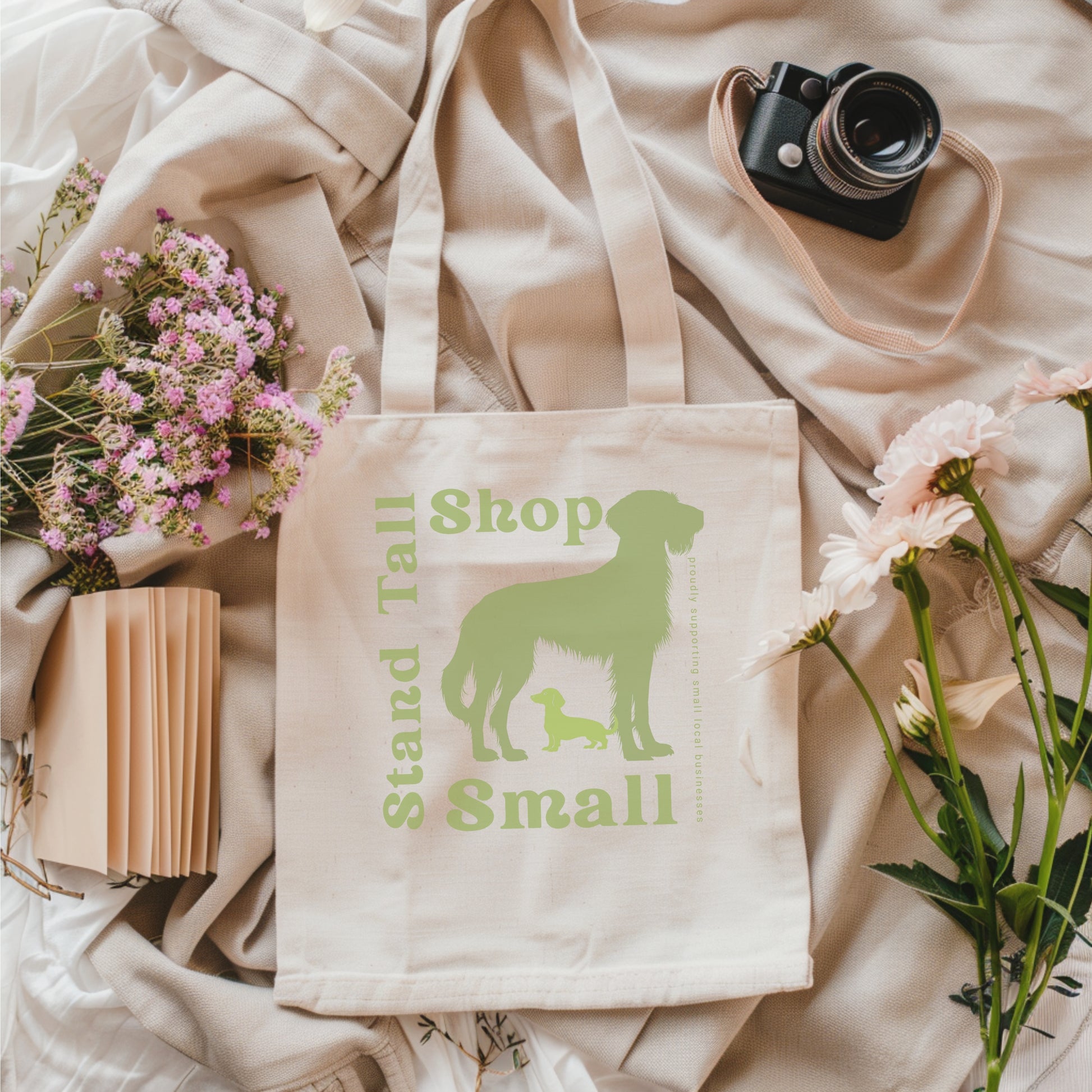 Reusable Cotton Shopping Tote Bag - Stand Tall, Shop Let's Go Green Flat Lay 2