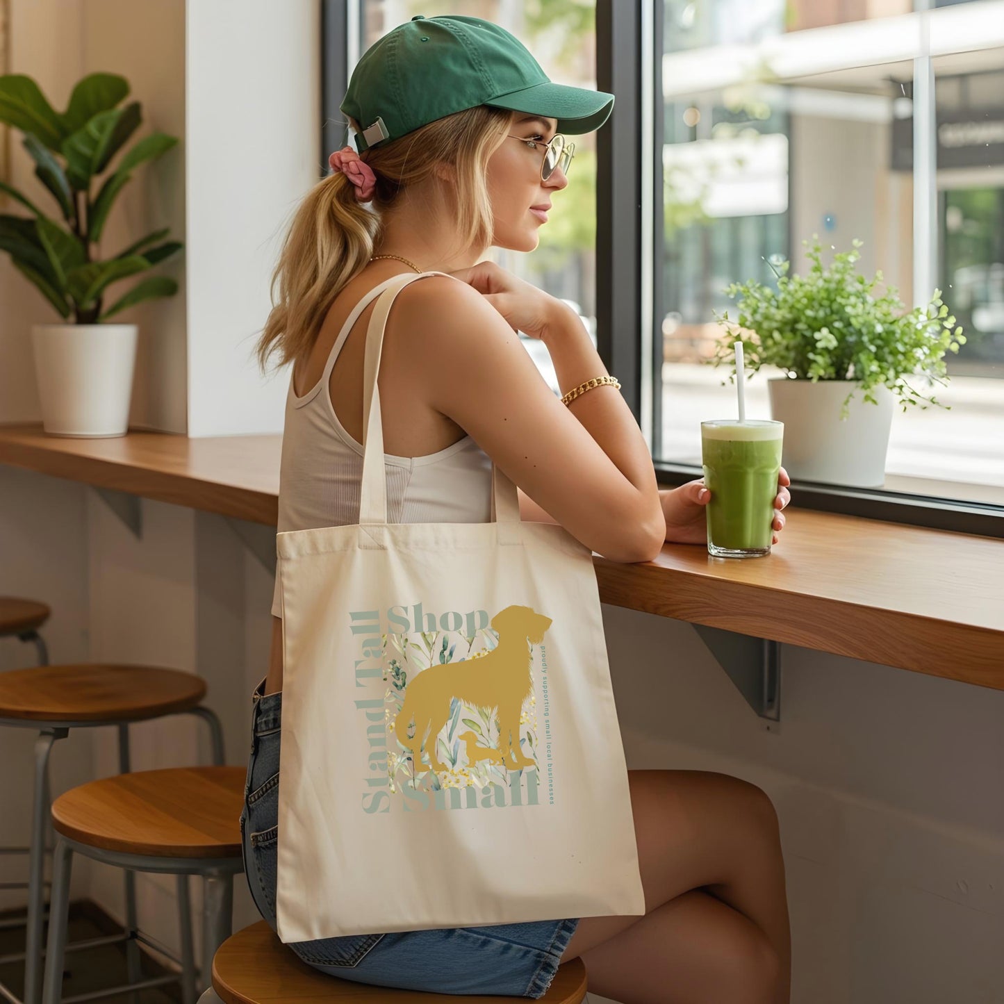 Reusable Cotton Shopping Tote Bag - Stand Tall, Shop Small Proudly Green & Gold Cafe