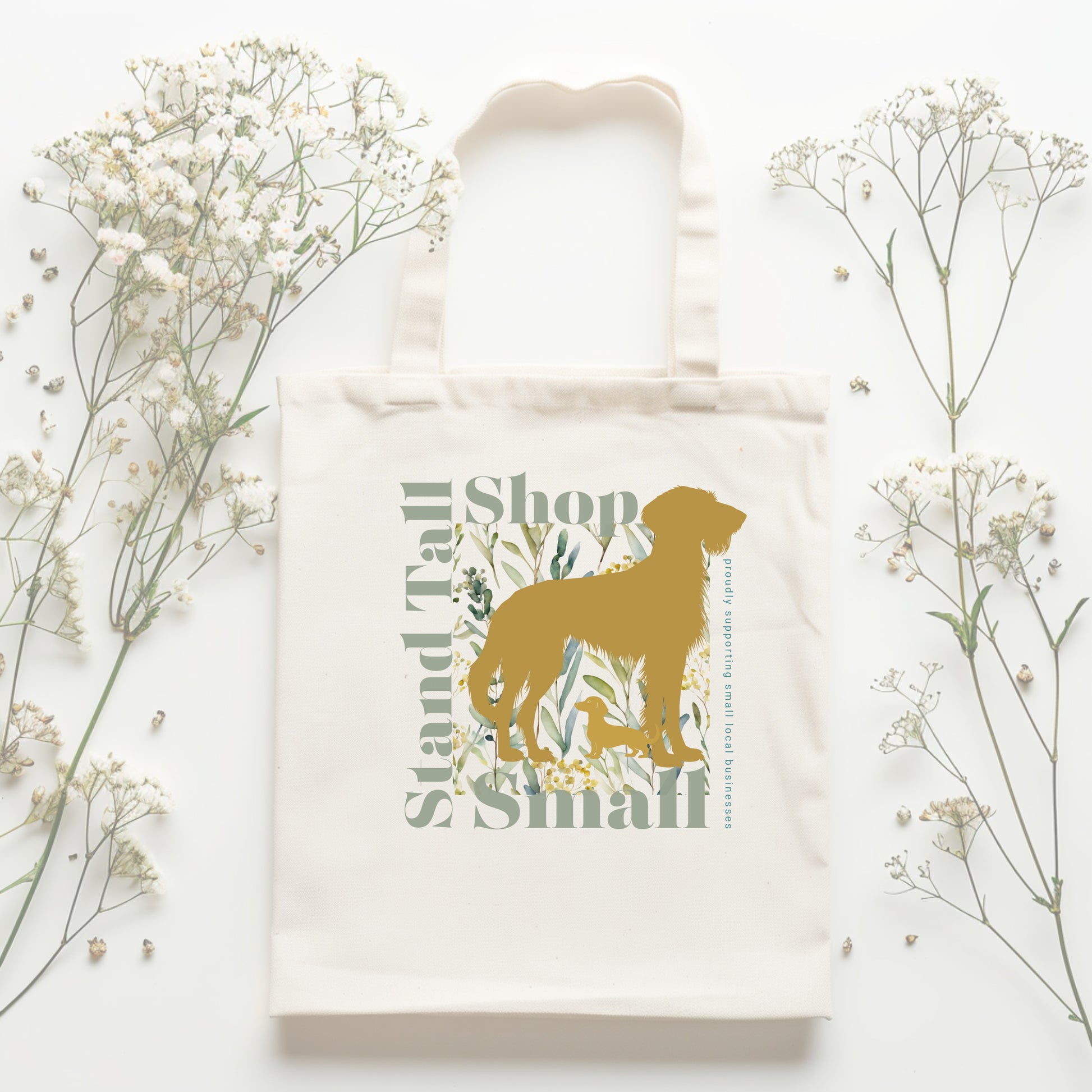 Reusable Cotton Shopping Tote Bag - Stand Tall, Shop Proudly Green & Gold Flat Lay
