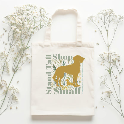 Reusable Cotton Shopping Tote Bag - Stand Tall, Shop Proudly Green & Gold Flat Lay