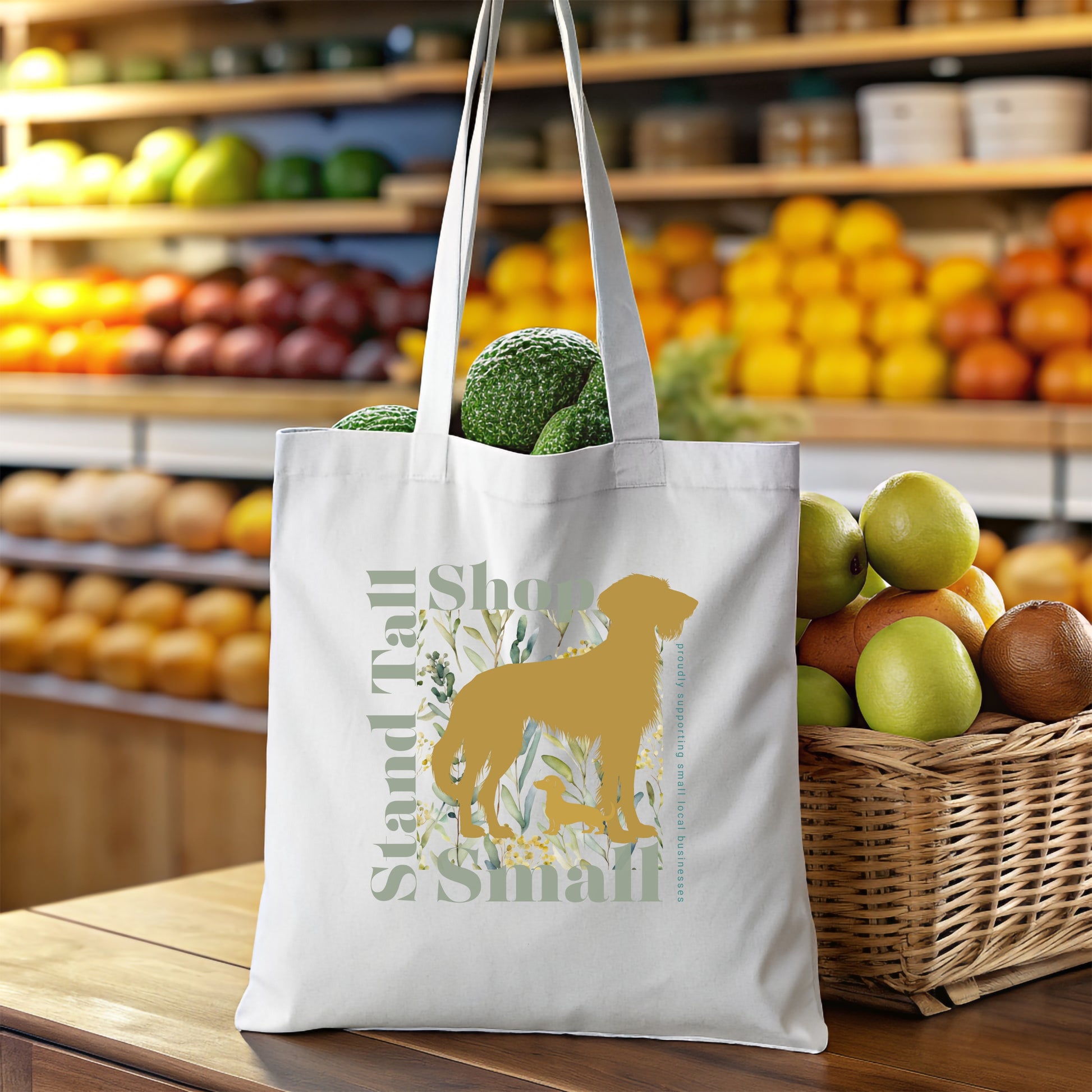 Reusable Cotton Shopping Tote Bag - Stand Tall, Shop Proudly Green & Gold Market