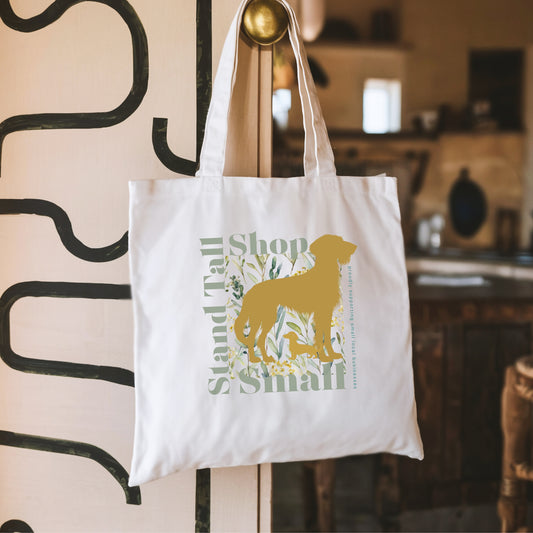 Reusable Cotton Shopping Tote Bag - Stand Tall, Shop Small Proudly Green & Gold on door