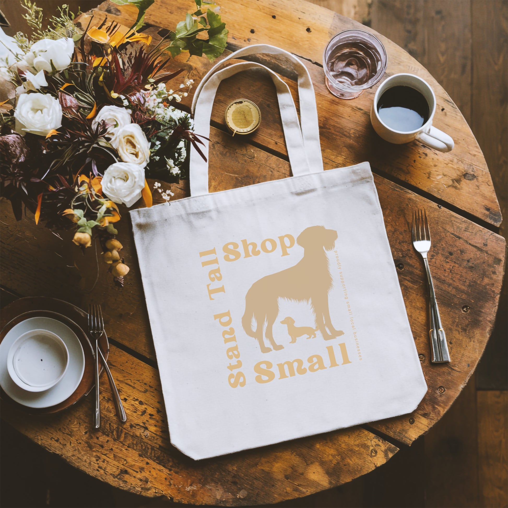 Reusable Cotton Shopping Tote Bag - Stand Tall, Shop The New Brown Bag On Table