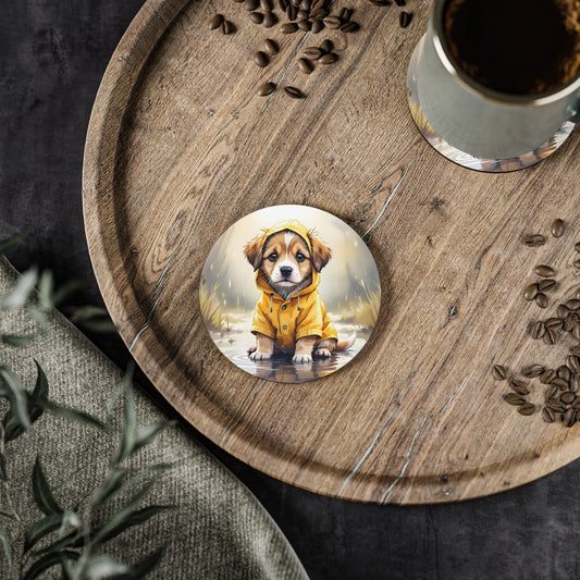 Coaster with a dog design on a wooden tray with coffee and seeds.