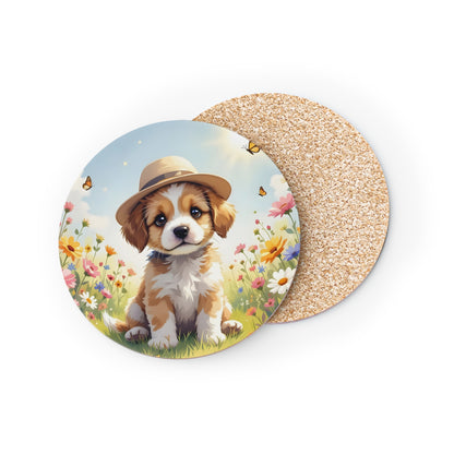 Round coaster with a puppy in a spring garden design on one side and a cork on the other side. Vintage design Aesthetic.