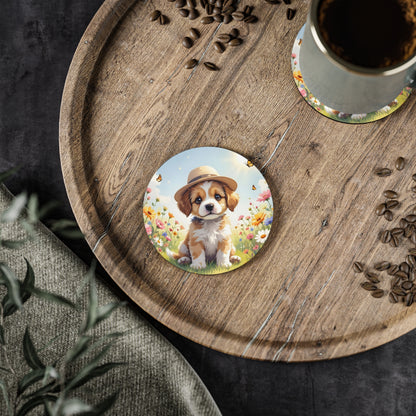 Coaster with a dog in a spring garden  design on a wooden tray. Retro Vintage design aesthetic.