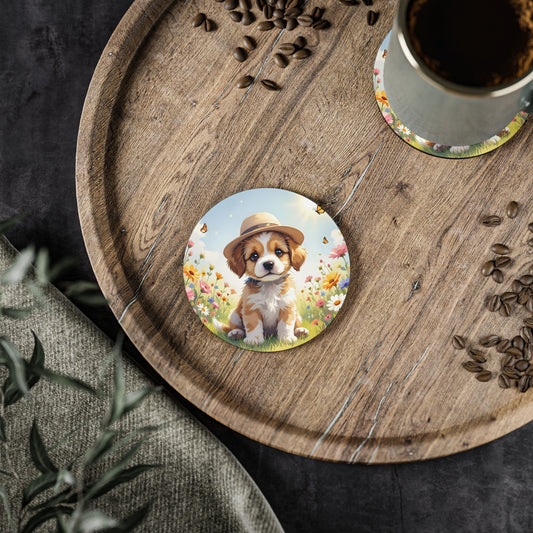 Coaster with a dog in a spring garden  design on a wooden tray. Retro Vintage design aesthetic.