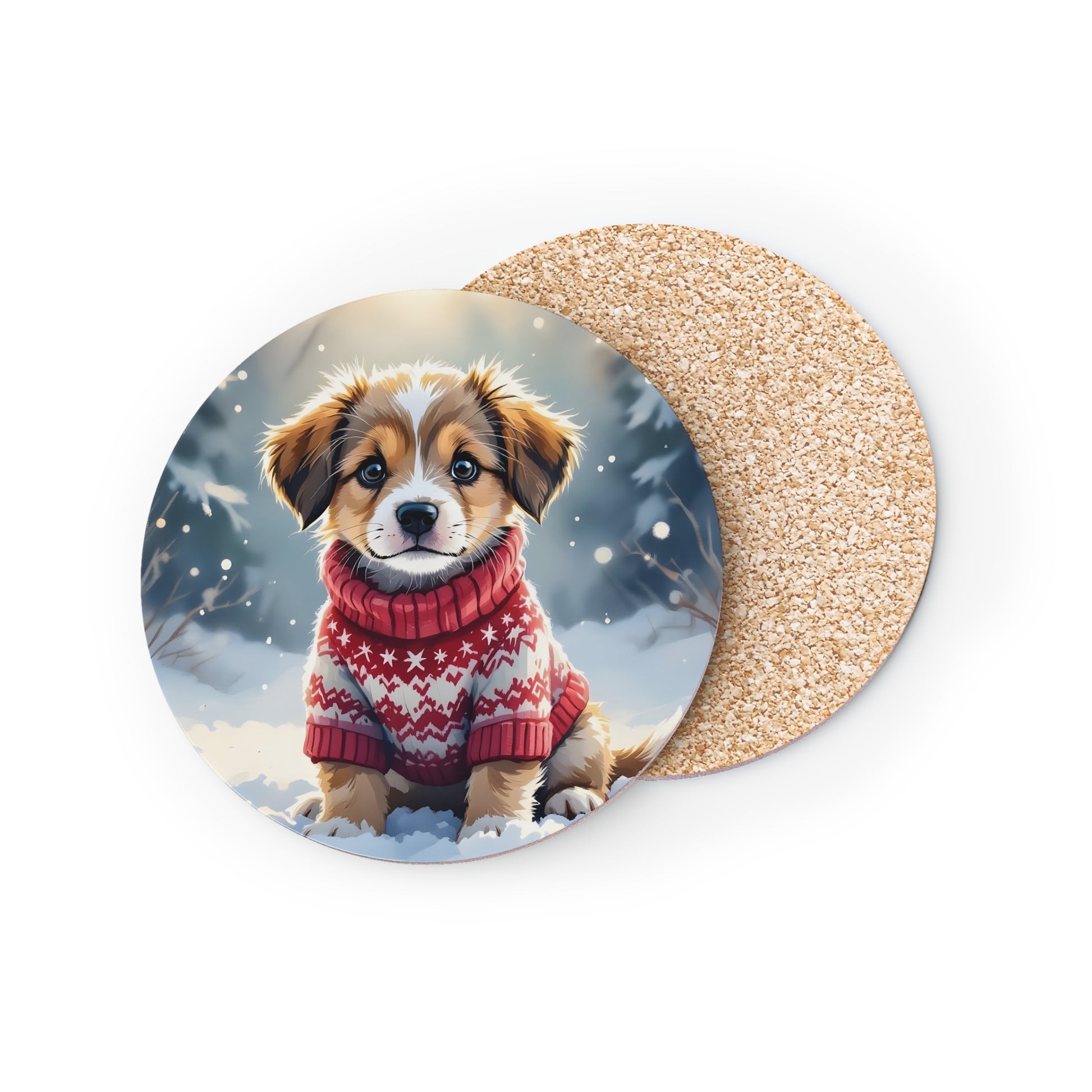 Round coaster with a dog wearing a red sweater in a snowy scene, on a white background. Both sides of coaster visible