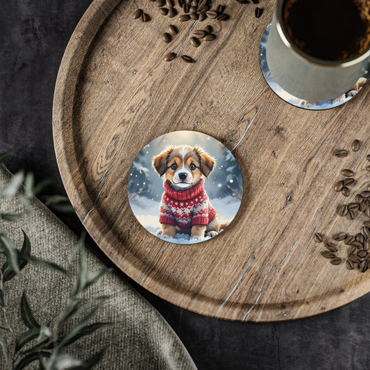 Coaster with a dog illustration on a wooden tray with coffee and seeds.