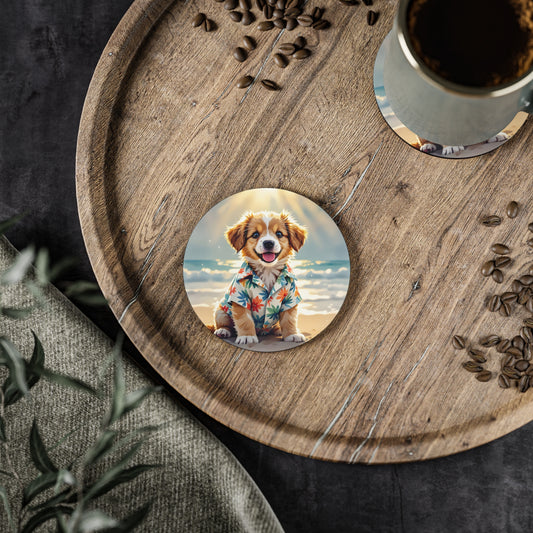 Coaster with a dog in a Hawaiian Shirt on a beach design on a wooden tray. Retro vintge aesthetic.
