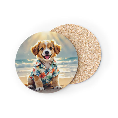 Round coaster with a dog in a hawaiian shirt on a beach design, next to a plain corksideof  coaster.