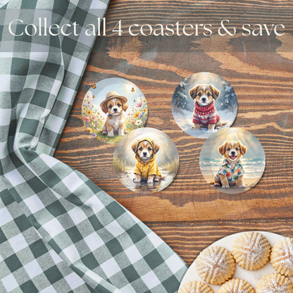 Four round coasters with vintage aesthetic dog illustrations on a wooden surface with a checkered cloth and cookies.