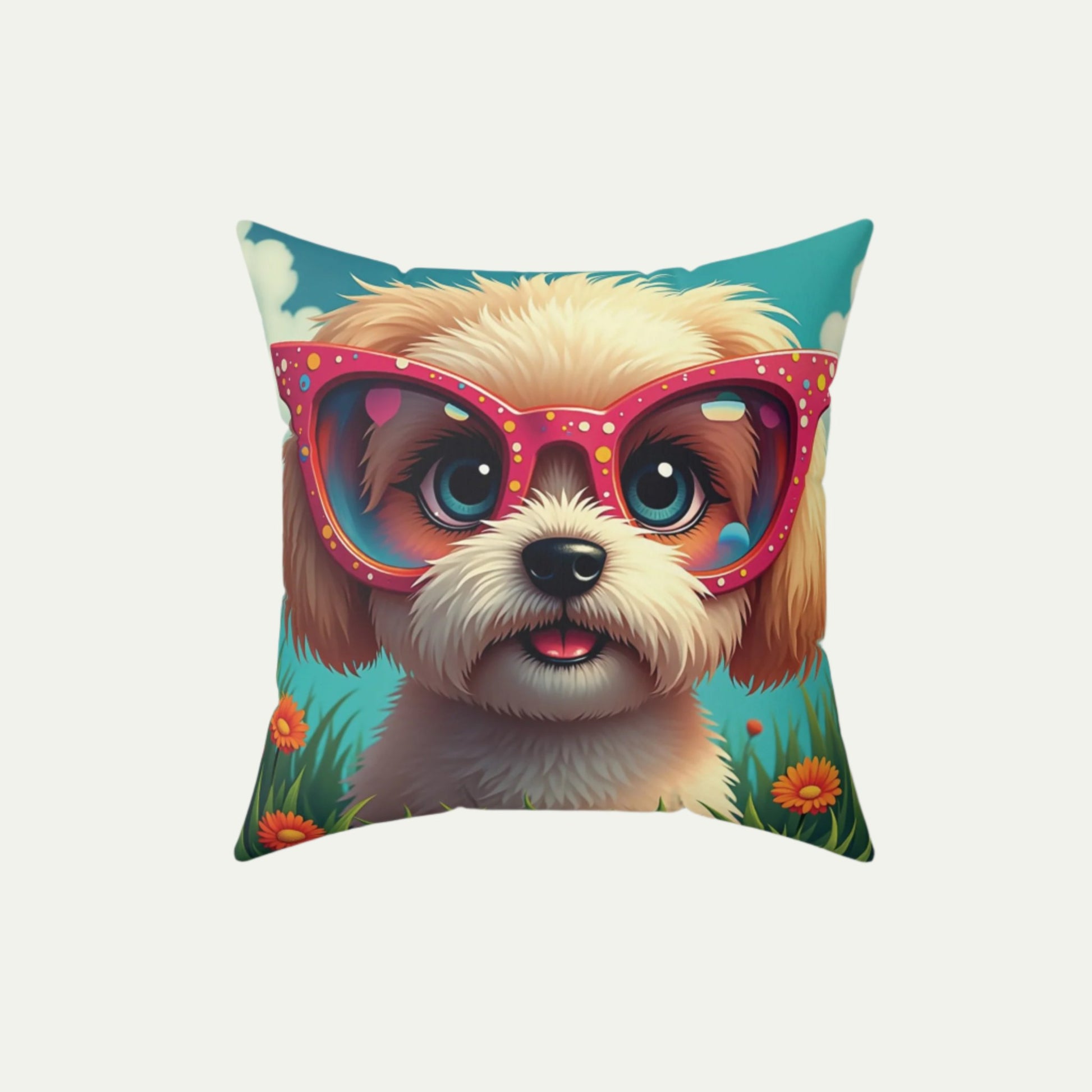 A Shih Tzu Puppy Wearing glasses, Square Accent Pillow, Teal 16 inch Front