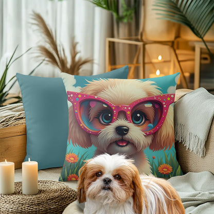 Shih Tzu dog with sunglasses pillow on a couch with a dog sitting in front
