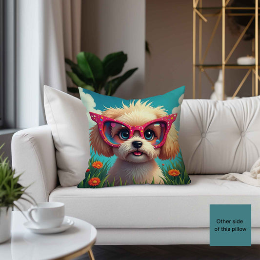 Square Accent throw pillow with cute whimsical Shih Tzu Puppy wearing glasses. Pillow is on a white couch in a livingroom. Reverse side of pillow is solid teal.