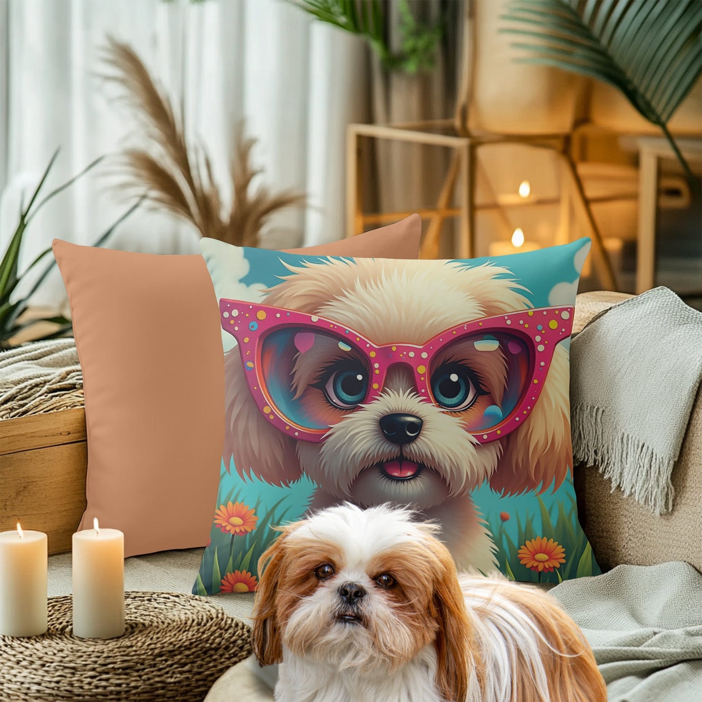 A Shih Tzu Puppy Wearing glasses, Square Accent Pillow, Creamy Coral