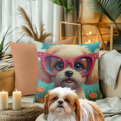 A Shih Tzu Puppy Wearing glasses, Square Accent Pillow, Creamy Coral