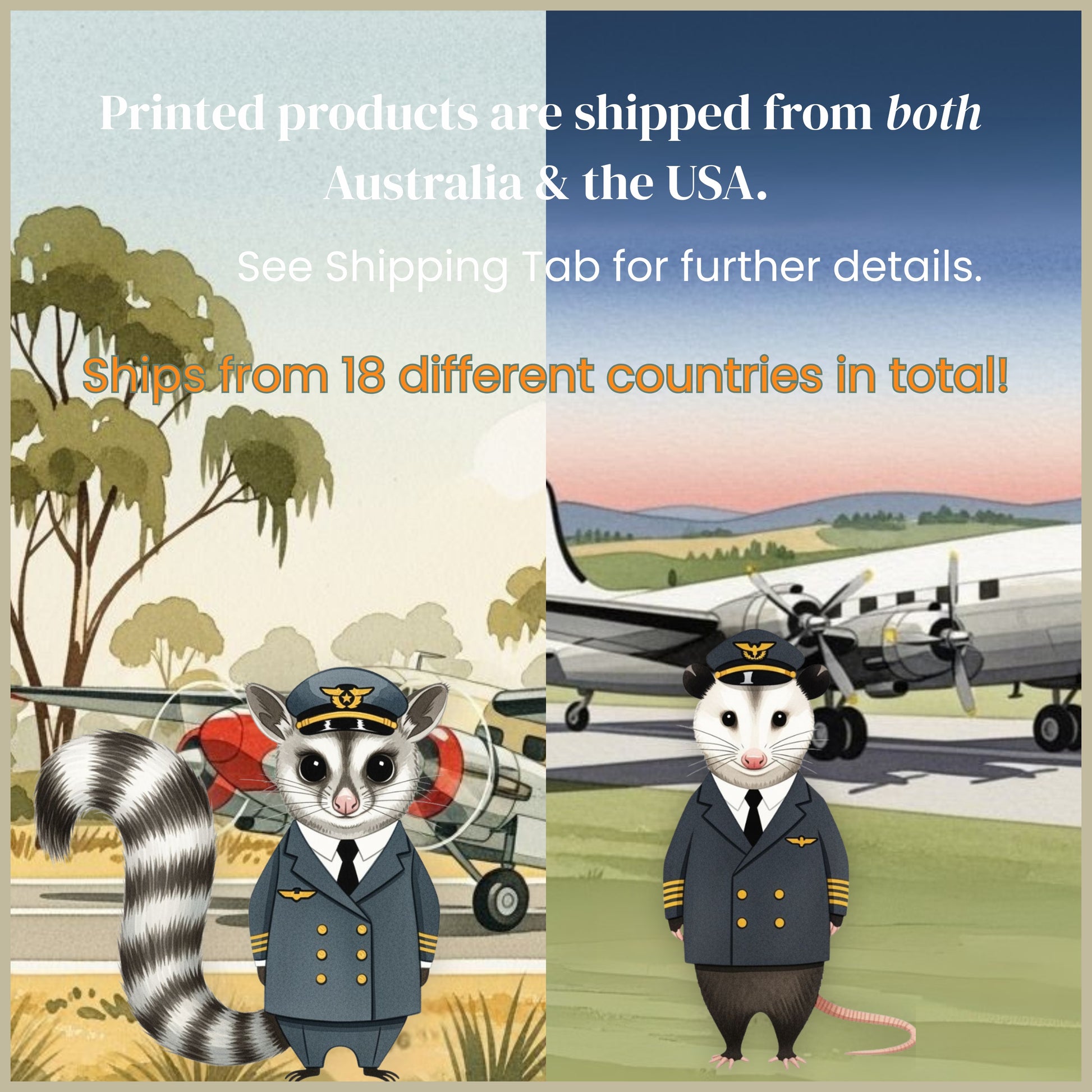 Shipping Details visual -Two cartoons an opossom and a possum in pilot uniforms with airplanes in both Australian and American landscapes in the background.
