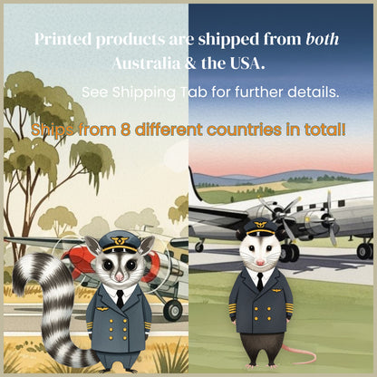 Two cartoon possums in pilot uniforms with an airplane and Australian landscape in the background.
