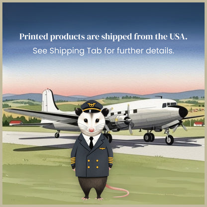 Animated opossum character in a pilot uniform standing in front of an airplane with text printed, 'products are shipped from the USA.'